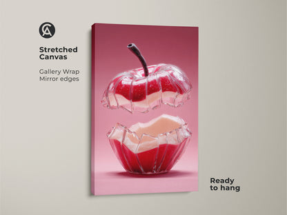 Stretched canvas print of an abstract red apple. The surreal pink art creates a modern kitchen vibe. This contemporary home decor is ready to hang. The gallery wrap has mirror edges. It's a perfect foodie gift. Add a splash of color and art to your walls.