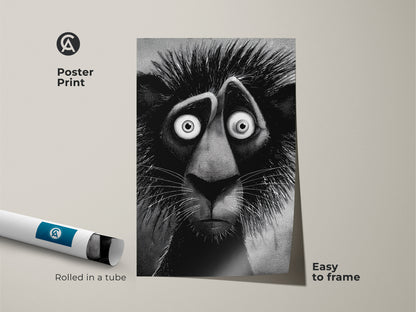 Poster print of a lion artwork. This unique artwork features a stylized lion with an anxious expression. It is rolled in a tube for easy framing. This art will add character and charm to any room.