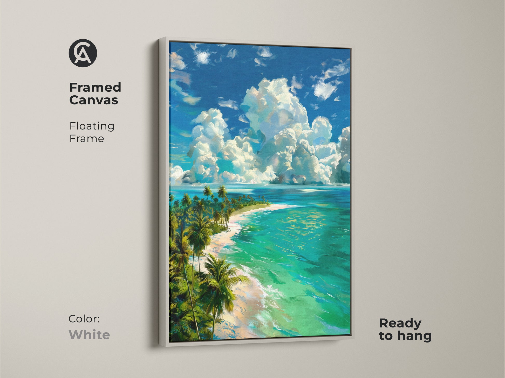 Framed canvas of a tropical island beach with a white floating frame. This ready-to-hang artwork features a serene scene with turquoise waters white sand and palm trees beneath a cloudy sky. Add a fresh coastal vibe to your home with this beach art.