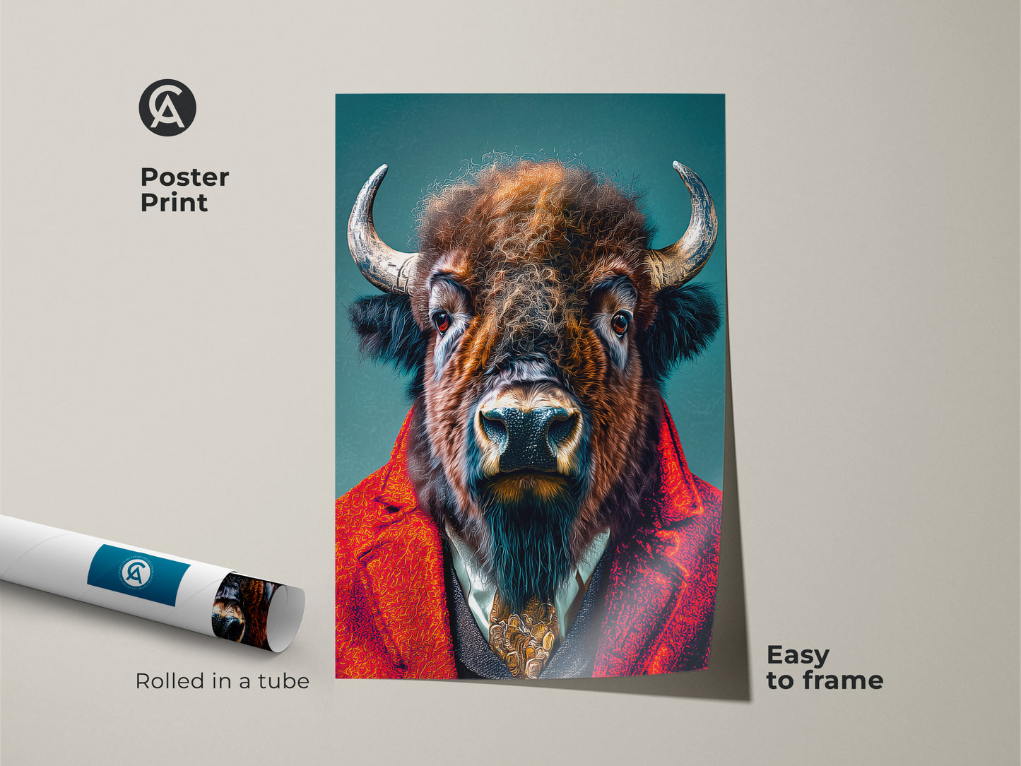 Poster print of a buffalo in a suit rolled in a tube. This art is easy to frame and perfect for adding a touch of whimsy to your decor. The buffalo artwork is printed on high-quality paper. A great option for affordable wall art.