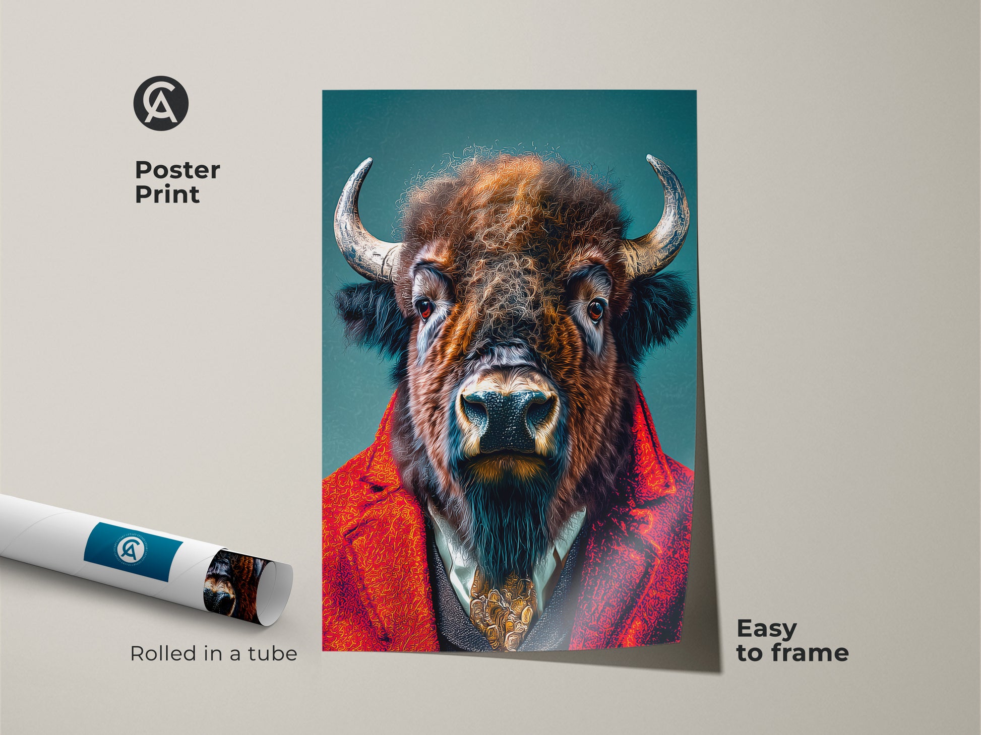 Poster print of a buffalo in a suit rolled in a tube. This art is easy to frame and perfect for adding a touch of whimsy to your decor. The buffalo artwork is printed on high-quality paper. A great option for affordable wall art.