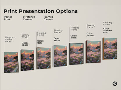 Print presentation options include poster print stretched canvas and framed canvas. Museum-quality paper with gallery wrap mirror edges. Floating frame color options are Oak White Black Brown and Antique Gold. The dreamy landscape features clouds and a flower field. It's bohemian nature scenery in pink orange and teal.