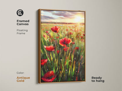 Framed canvas with a floating frame features a red floral poppy field. The antique gold frame enhances the impressionist landscape artwork. Ready to hang this boho wall decor is a beautiful gift. This summer meadow painting brings nature's beauty indoors.
