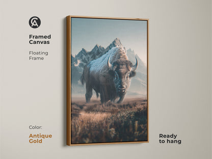 Antique gold framed canvas art of a bison in a scenic landscape. The floating frame elevates this ready-to-hang piece. Bring a touch of rustic elegance to your space with this unique animal art.