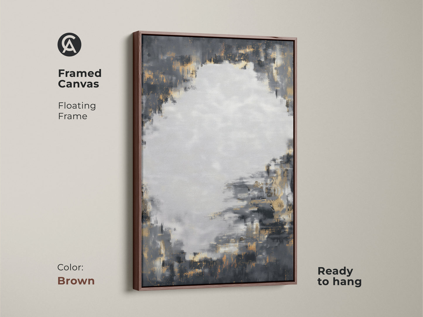 Framed canvas print featuring charcoal grey and gold abstract art with a brown floating frame. This textured brushstroke artwork is ready to hang. The modern abstract painting brings a contemporary feel to any space. Its neutral palette and metallic accents are versatile.