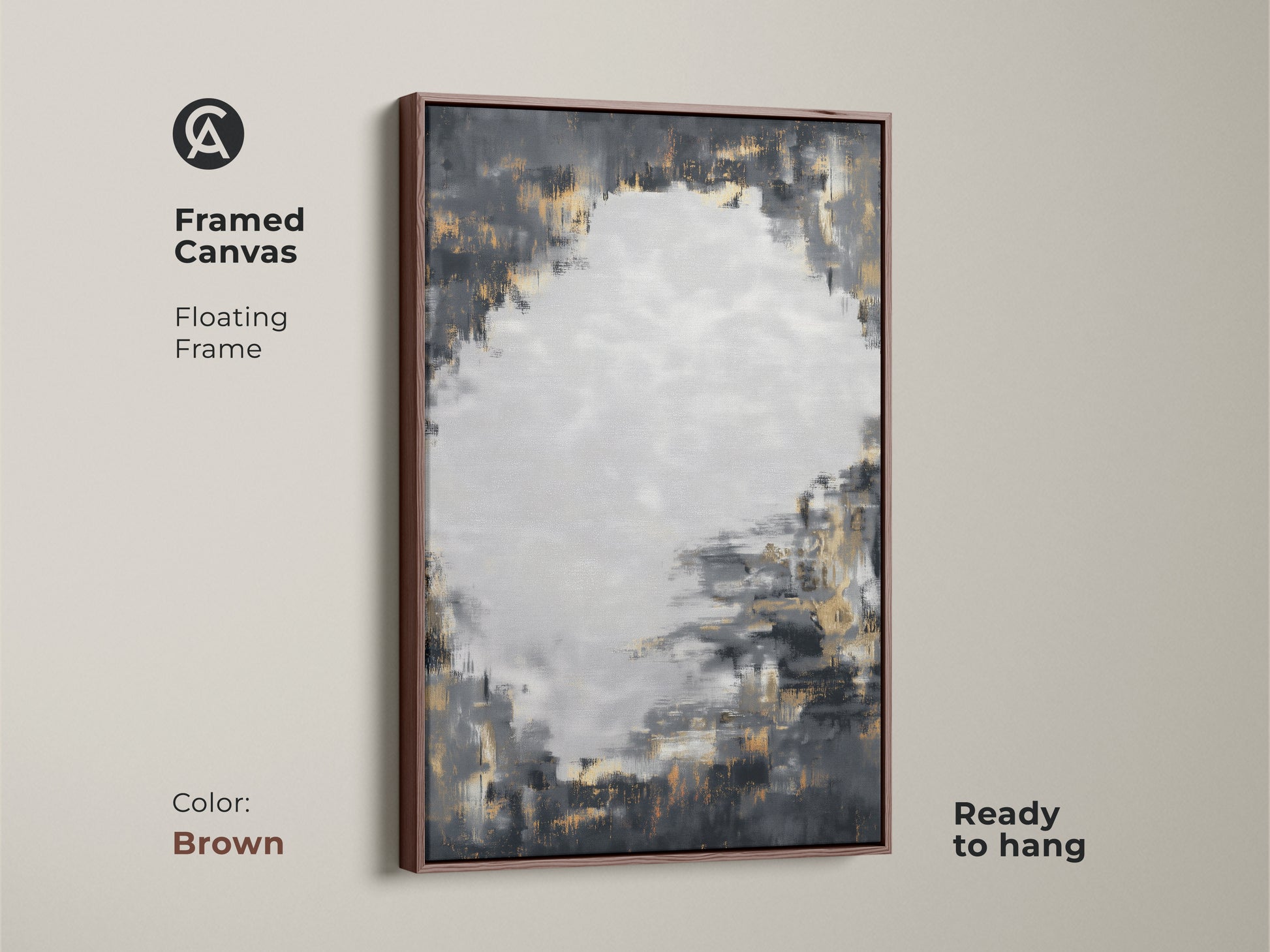 Framed canvas print featuring charcoal grey and gold abstract art with a brown floating frame. This textured brushstroke artwork is ready to hang. The modern abstract painting brings a contemporary feel to any space. Its neutral palette and metallic accents are versatile.
