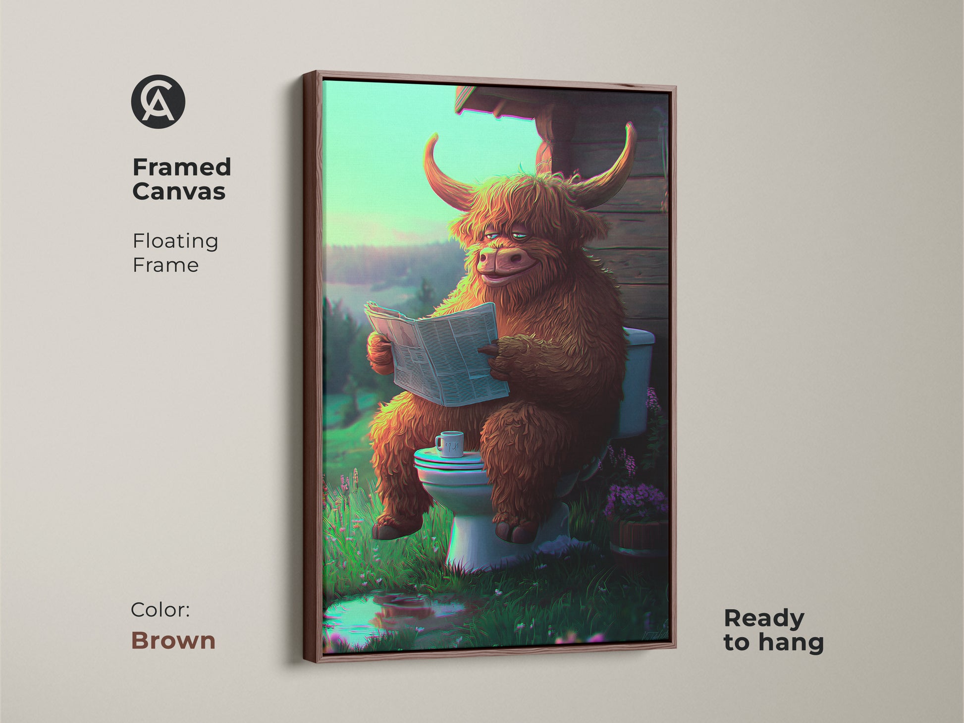 Framed canvas art showcases a whimsical Highland cow on a toilet reading. The floating brown frame enhances its rustic appeal. This funny animal print is ready to hang adding charm to spaces. It is great for nature lovers.