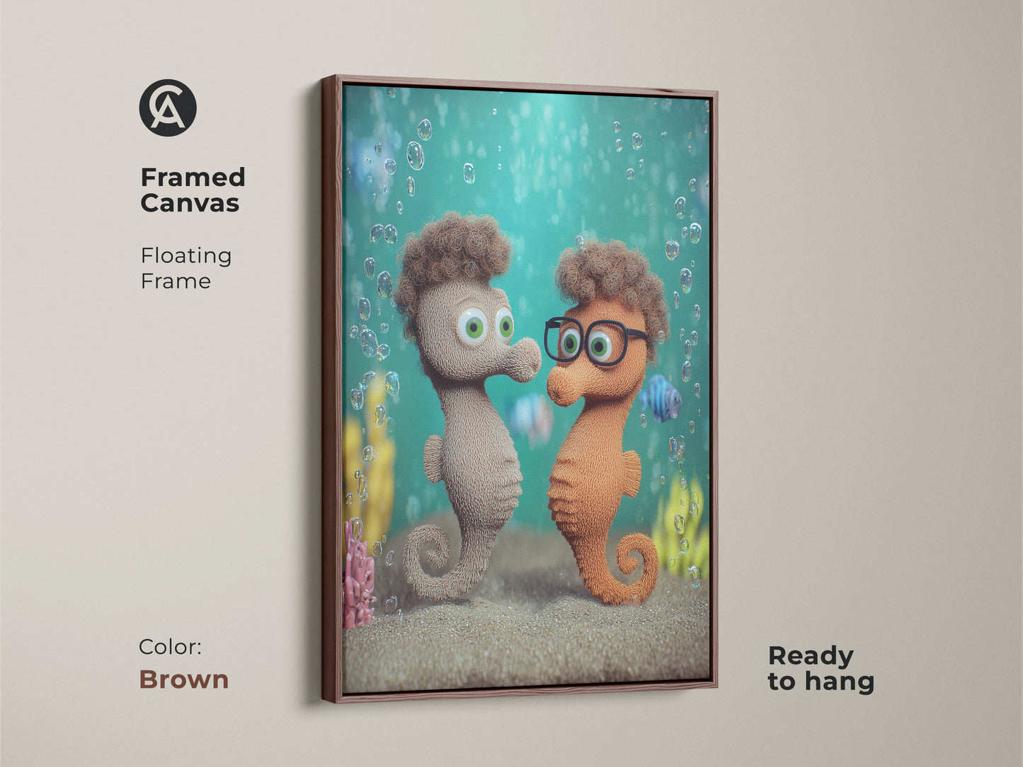 Framed Canvas features a cute seahorse couple art print. Cartoon animal nursery decor with a teal green bubble canvas is visible. This whimsical ocean theme artwork is ready to hang. The floating frame is brown.