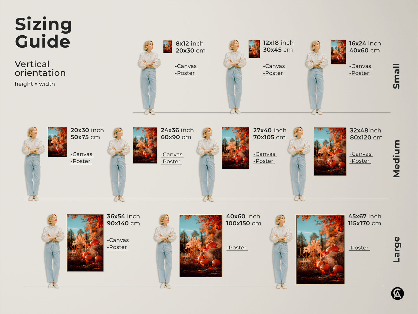 Find the perfect fit with our vertical orientation sizing guide. This guide shows how this pumpkin artwork looks in different sizes. Available as canvas or poster to match the aesthetic of your home. Transform your space with seasonal beauty.