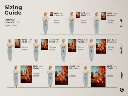 Find the perfect fit with our vertical orientation sizing guide. This guide shows how this pumpkin artwork looks in different sizes. Available as canvas or poster to match the aesthetic of your home. Transform your space with seasonal beauty.
