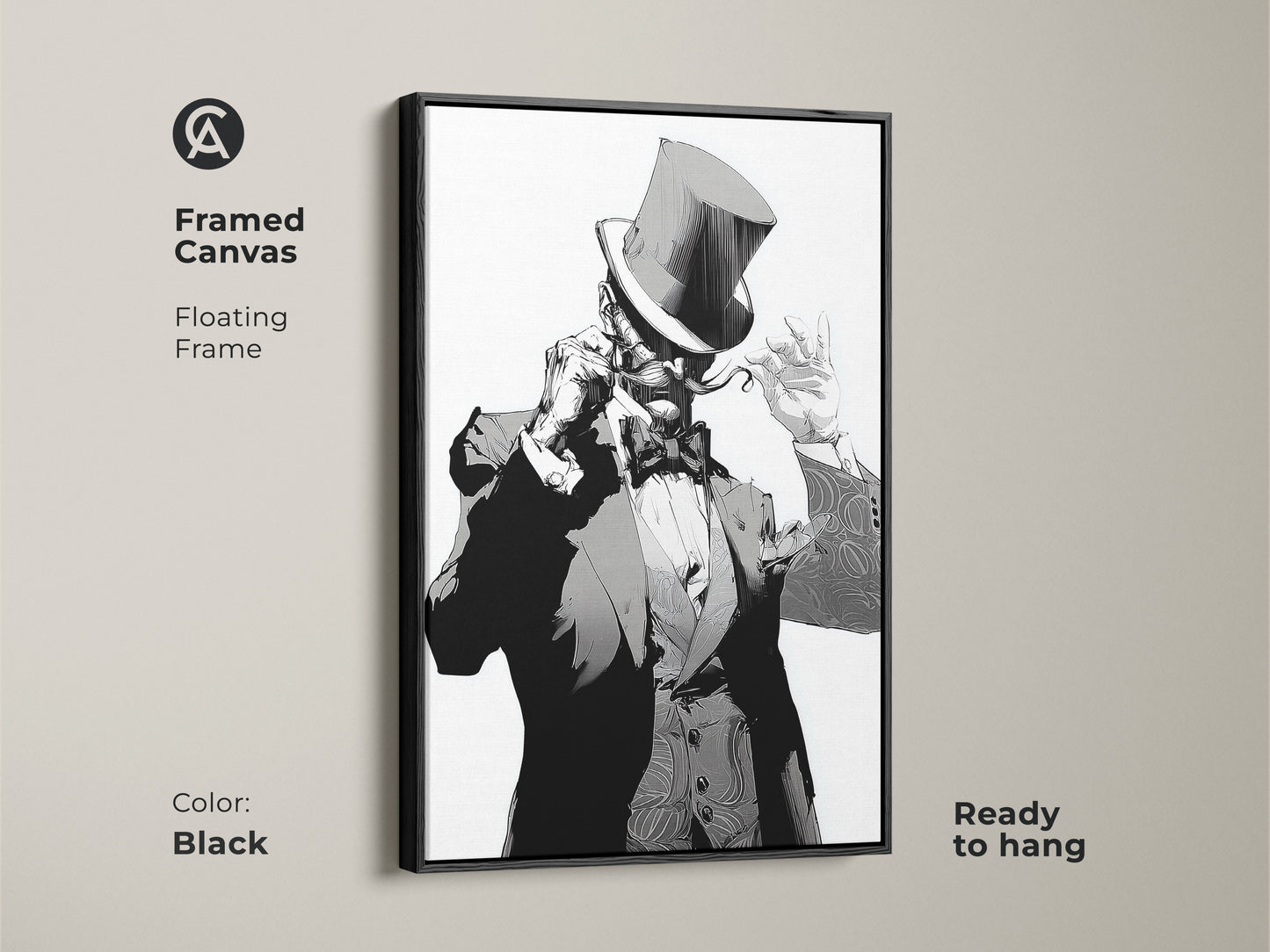 Art Deco gentleman framed canvas with a floating frame in black. This black and white portrait art is ready to hang. The top hat character print is perfect for eclectic home office decor. Add gothic style wall art to your bachelor pad. A monochrome character painting with a frame.