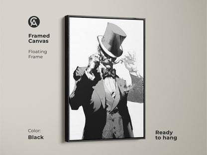 Art Deco gentleman framed canvas with a floating frame in black. This black and white portrait art is ready to hang. The top hat character print is perfect for eclectic home office decor. Add gothic style wall art to your bachelor pad. A monochrome character painting with a frame.