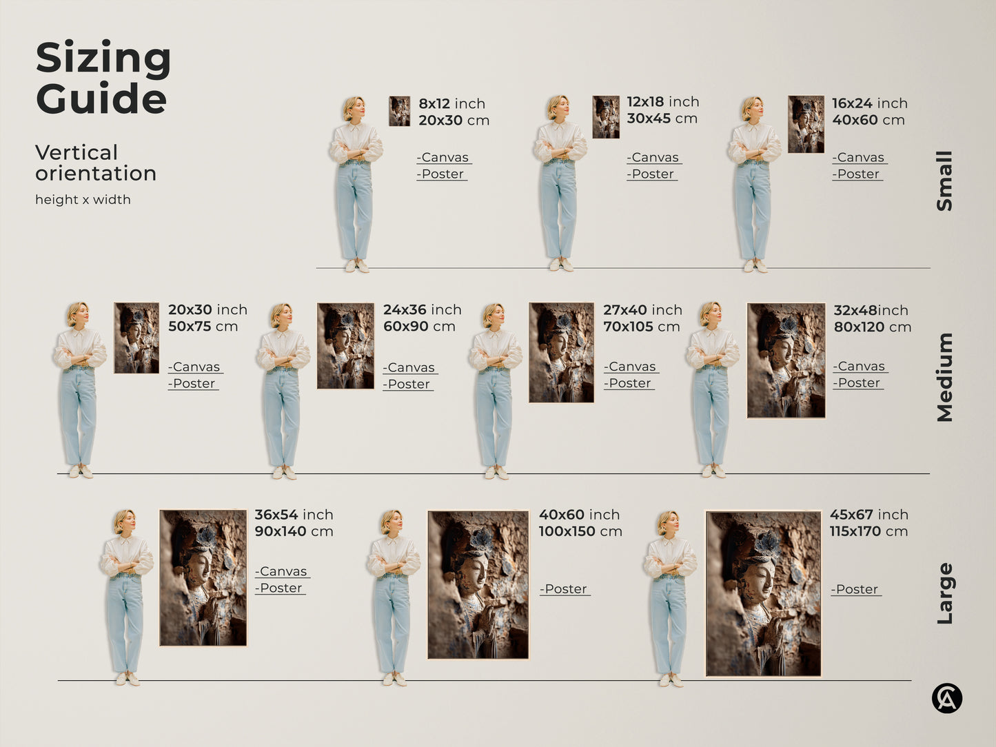 Sizing guide for the Buddha statue artwork. Visualize vertical orientations. The canvas and poster options are available in various sizes. Find the perfect fit for your space.