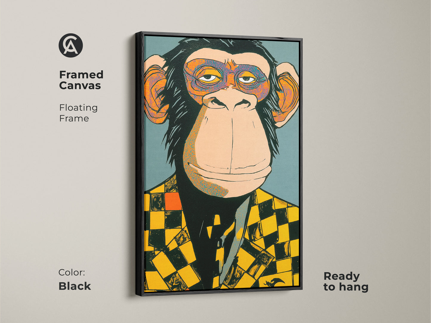 Framed canvas showcasing a monkey in a checker blazer with a sleek black floating frame. The ready to hang format makes it easy to display. The art adds a sophisticated yet whimsical touch to any space. A perfect blend of modern style and playful art.