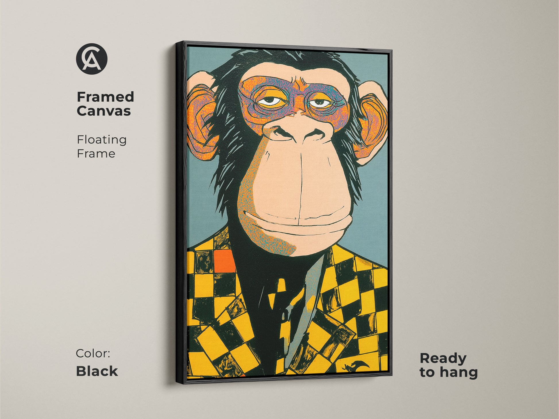 Framed canvas showcasing a monkey in a checker blazer with a sleek black floating frame. The ready to hang format makes it easy to display. The art adds a sophisticated yet whimsical touch to any space. A perfect blend of modern style and playful art.