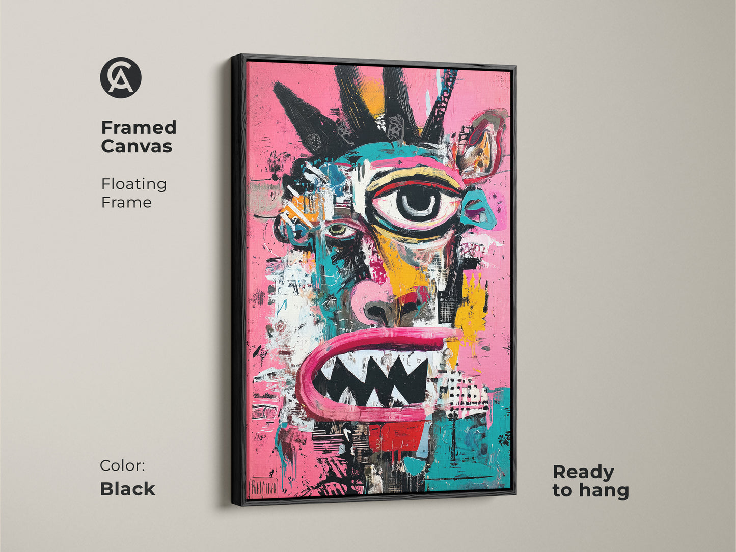 This framed canvas showcases an abstract face artwork. The floating frame is black. It is ready to hang. The contemporary art print adds a touch of punk rock. Perfect for modern art collectors. The vibrant colors and bold strokes are eye-catching.