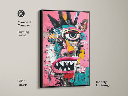 This framed canvas showcases an abstract face artwork. The floating frame is black. It is ready to hang. The contemporary art print adds a touch of punk rock. Perfect for modern art collectors. The vibrant colors and bold strokes are eye-catching.