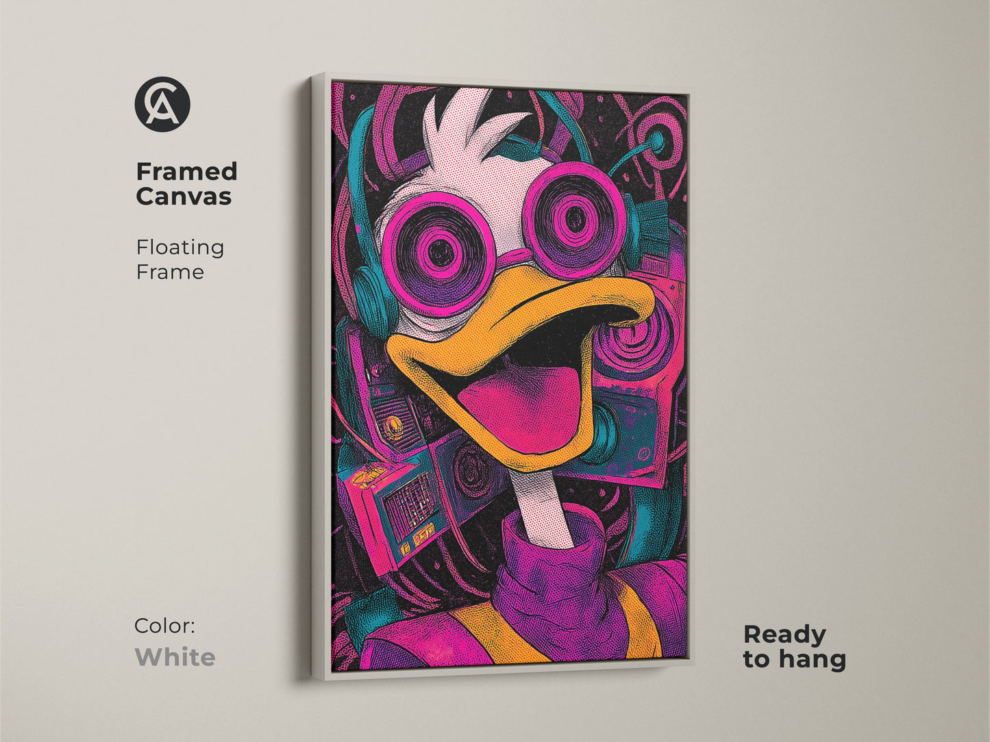 Framed canvas print of a musical Donald Duck. The artwork has a white floating frame. It adds a playful touch to your wall decor. Ready to hang and brighten up your living space.