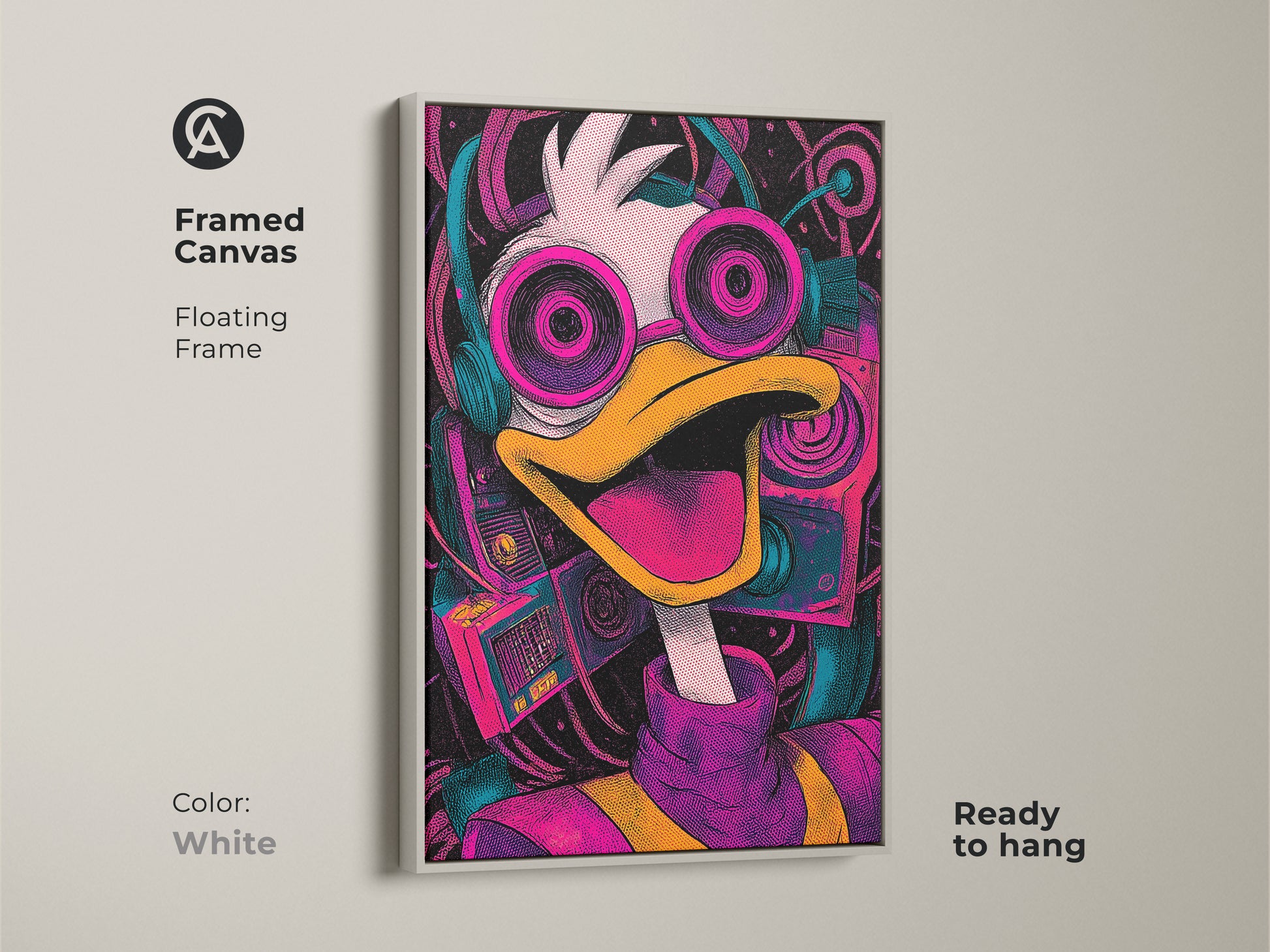 Framed canvas print of a musical Donald Duck. The artwork has a white floating frame. It adds a playful touch to your wall decor. Ready to hang and brighten up your living space.