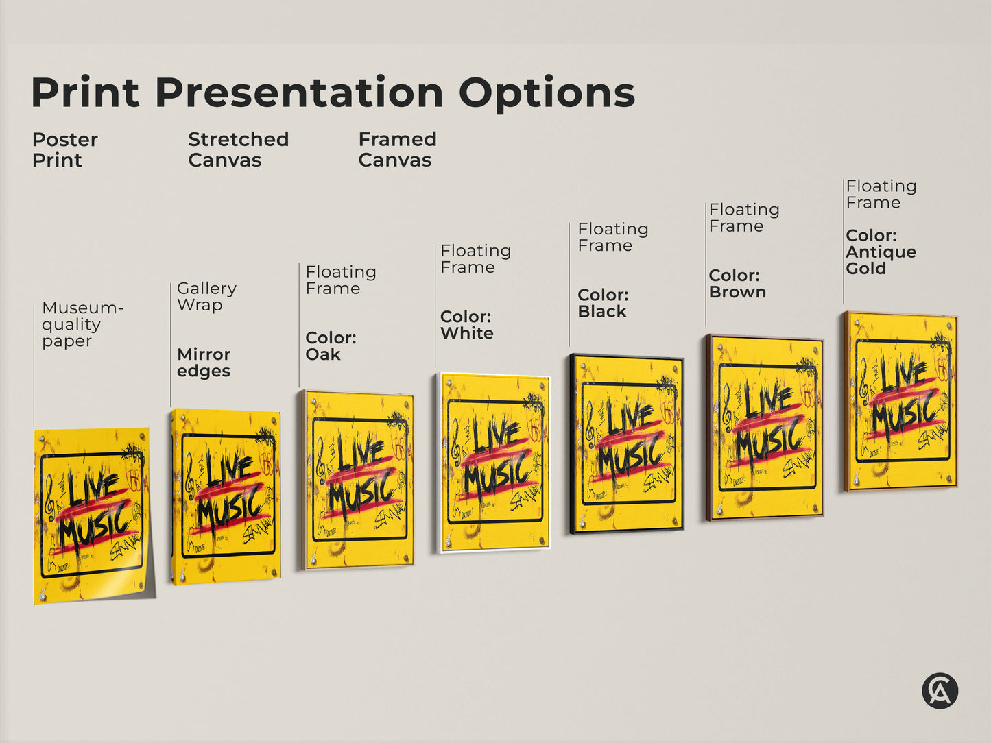 Explore the presentation options for this 'Live Music' graffiti art print including poster stretched and framed canvas. Each option showcases the bold yellow urban street artwork with red and black accents. Find the perfect style to energize your music room decor today.