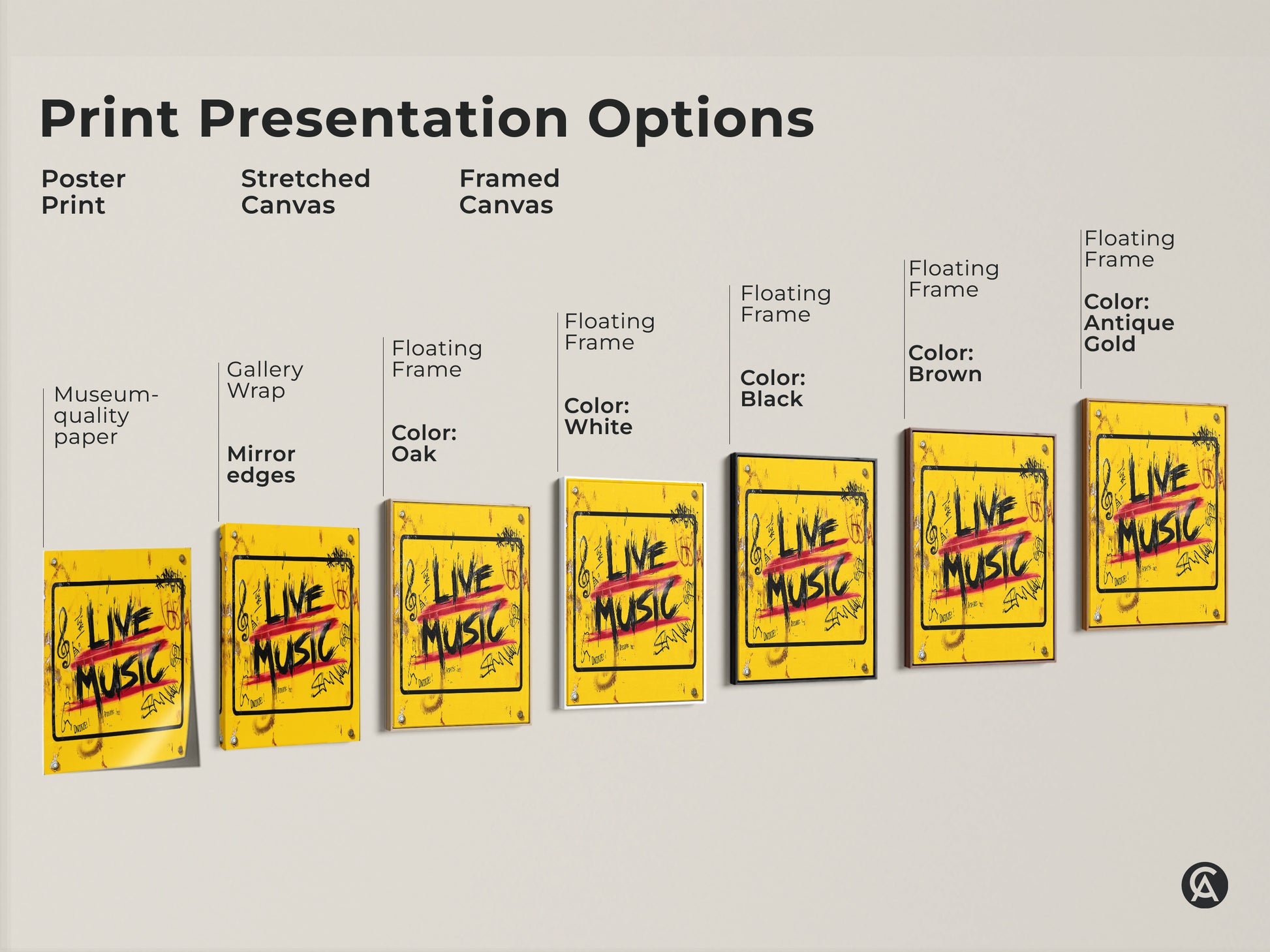 Explore the presentation options for this 'Live Music' graffiti art print including poster stretched and framed canvas. Each option showcases the bold yellow urban street artwork with red and black accents. Find the perfect style to energize your music room decor today.