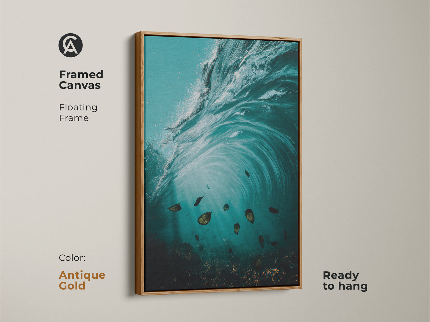 The antique gold framed canvas shows coastal wave art. Underwater ocean artwork in teal aqua hues. The surrealism style wall art print is ready to hang. A great beach lover wall decor piece.