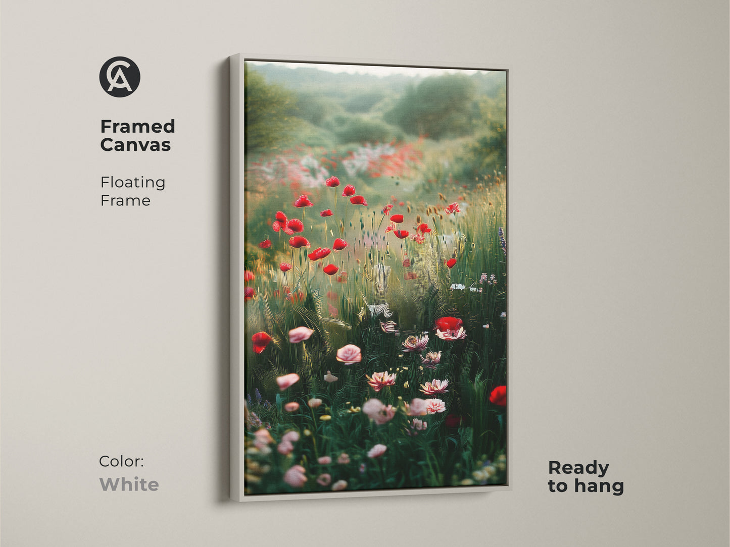 White framed canvas of a poppy field. This impressionistic floral print features red wildflowers. It's perfect for boho bedroom decor. Ready to hang nature landscape painting.