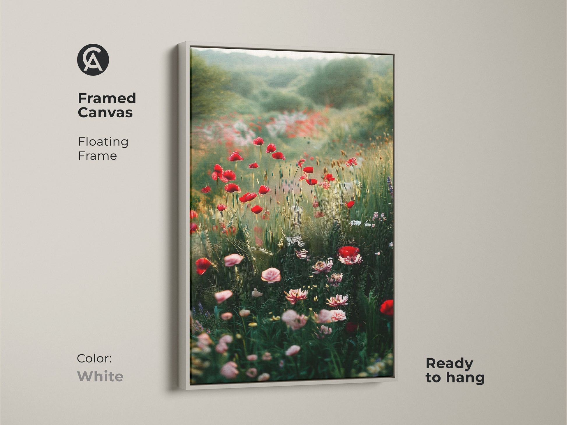 White framed canvas of a poppy field. This impressionistic floral print features red wildflowers. It's perfect for boho bedroom decor. Ready to hang nature landscape painting.
