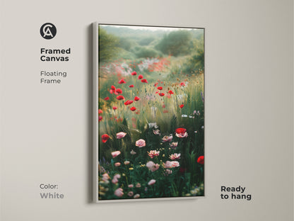 White framed canvas of a poppy field. This impressionistic floral print features red wildflowers. It's perfect for boho bedroom decor. Ready to hang nature landscape painting.