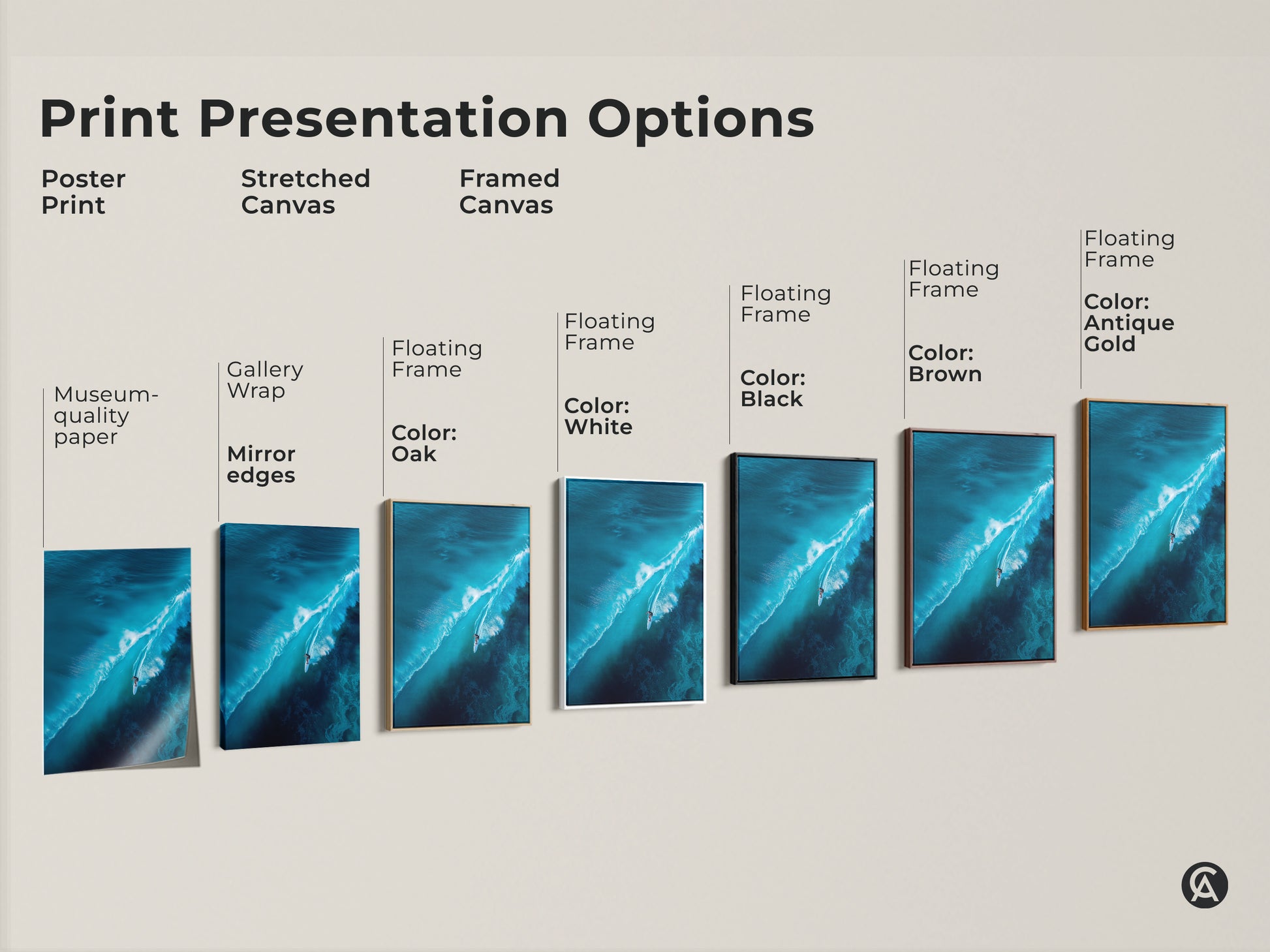 Explore print presentation options for ocean wave art. Choose from poster prints stretched canvases and framed canvases. Customize your wall art with various floating frame colors. Find the perfect piece to match your style.