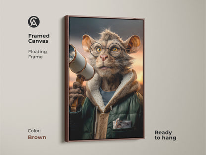 Framed canvas art of a surreal cat with glasses holding a telescope. The floating frame is brown and the artwork is ready to hang. This brown green and orange animal art is perfect for cat lovers seeking unique eclectic office decor. It adds a whimsical touch.