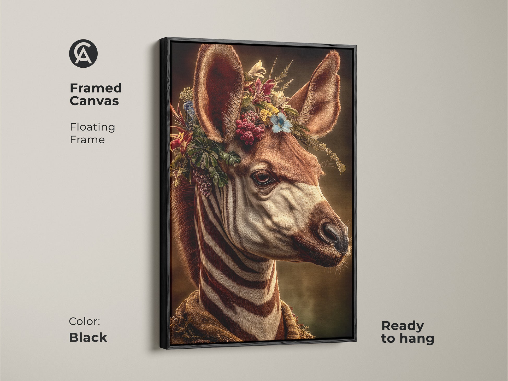 Framed canvas featuring a gothic zebra portrait with a botanical crown. The black floating frame adds a touch of elegance to this dark academia wall art. Ready to hang. This earthy tones home decor is perfect for any room. A unique animal art print.