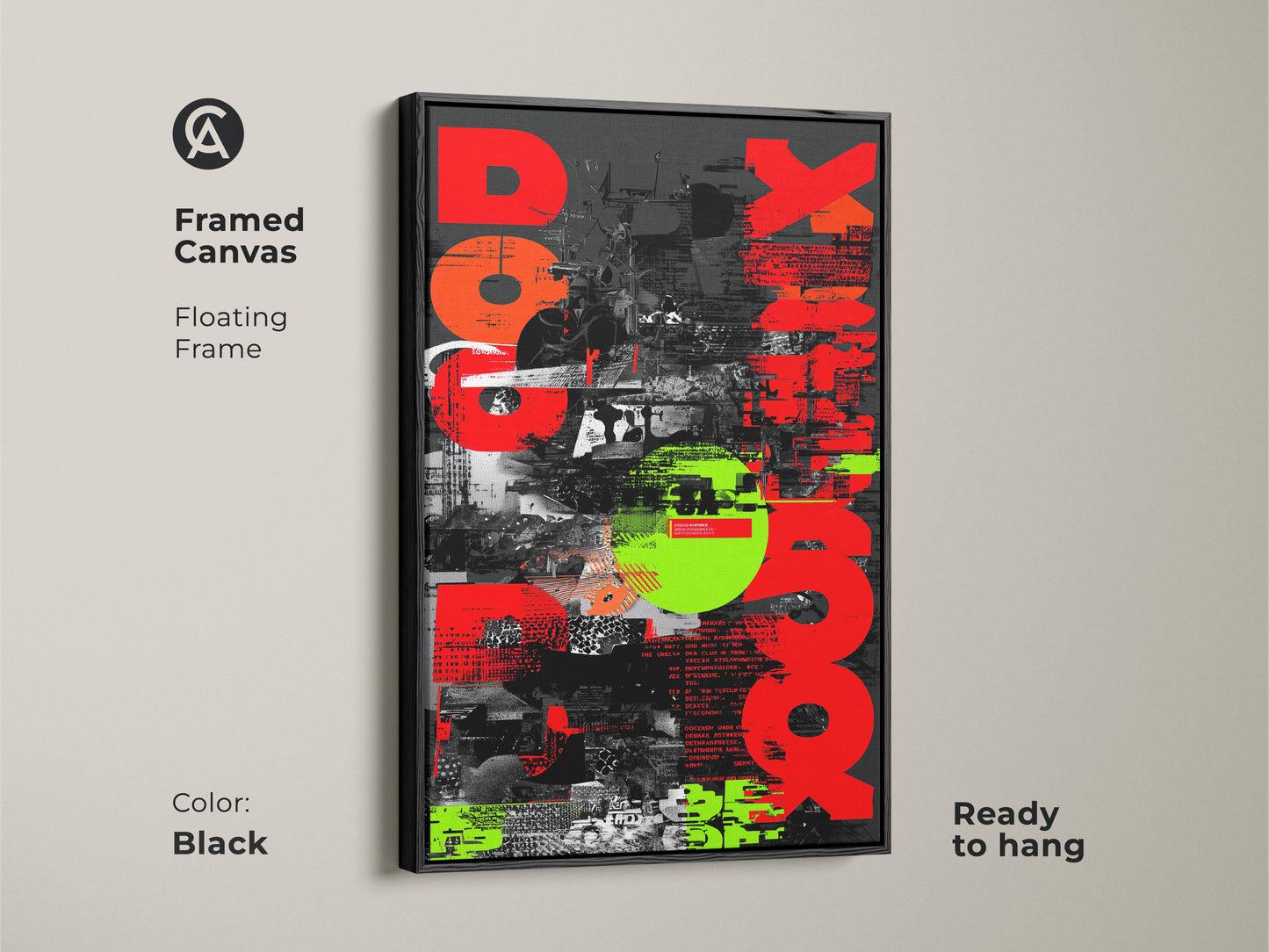 Black Framed Canvas featuring Red Neon Green Abstract. This glitch art is perfect for industrial office decor. This modern collage artwork is ready to hang. The floating frame enhances the visual appeal. A unique wall hanging adds a touch of creativity. This striking art print is a thoughtful gift for graphic enthusiasts.