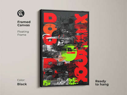 Black Framed Canvas featuring Red Neon Green Abstract. This glitch art is perfect for industrial office decor. This modern collage artwork is ready to hang. The floating frame enhances the visual appeal. A unique wall hanging adds a touch of creativity. This striking art print is a thoughtful gift for graphic enthusiasts.