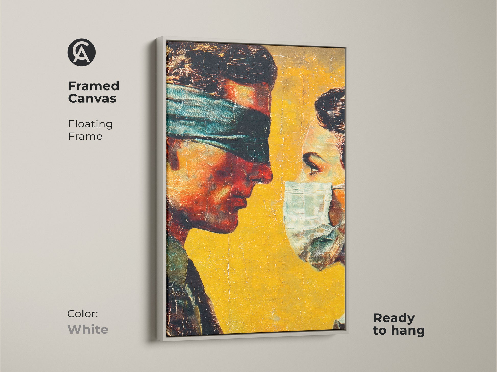 Framed canvas art with a floating frame. The artwork features a man and woman. The man is blindfolded while the woman wears a mask. The frame is white. This ready to hang canvas adds a gallery touch to your home decor.