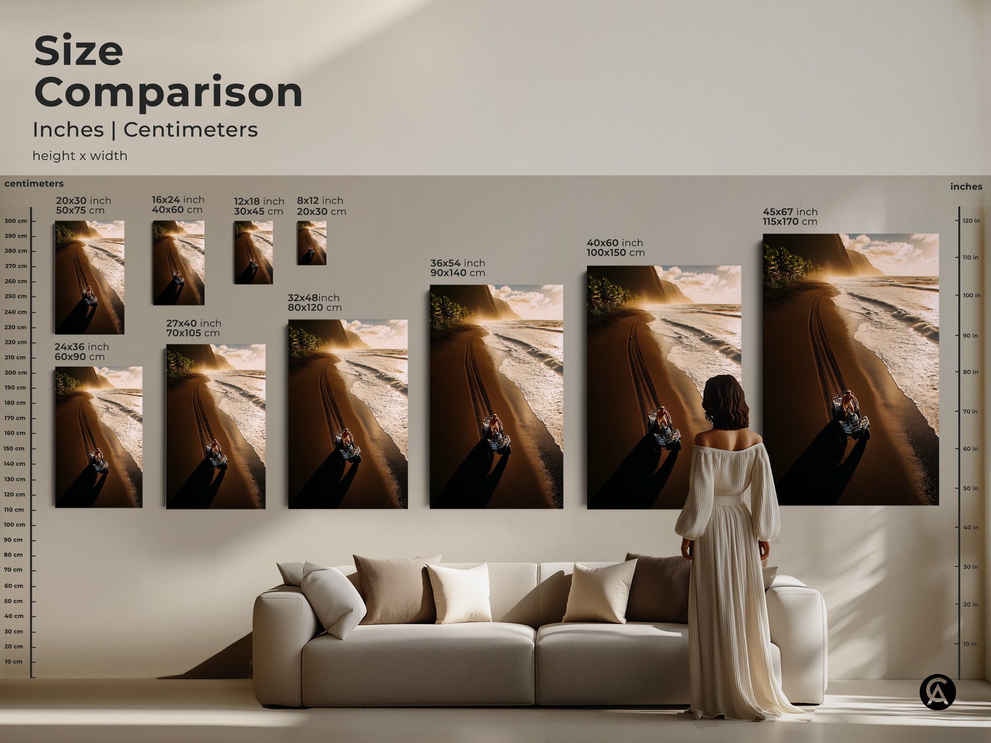 Size Comparison of the coastal ATV beach wall art print. Inches and centimeters are shown for various sizes. Visualize the artwork in your residential coastal home decor.