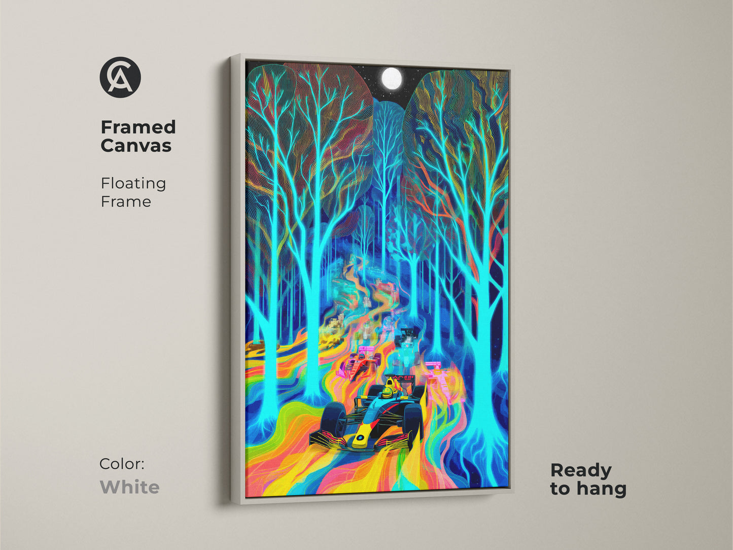 Framed canvas of a neon rainbow Formula 1 car in a psychedelic forest. The white floating frame enhances the surreal artwork. Electric blue trees under a full moon add a modern touch; it's ready to hang.