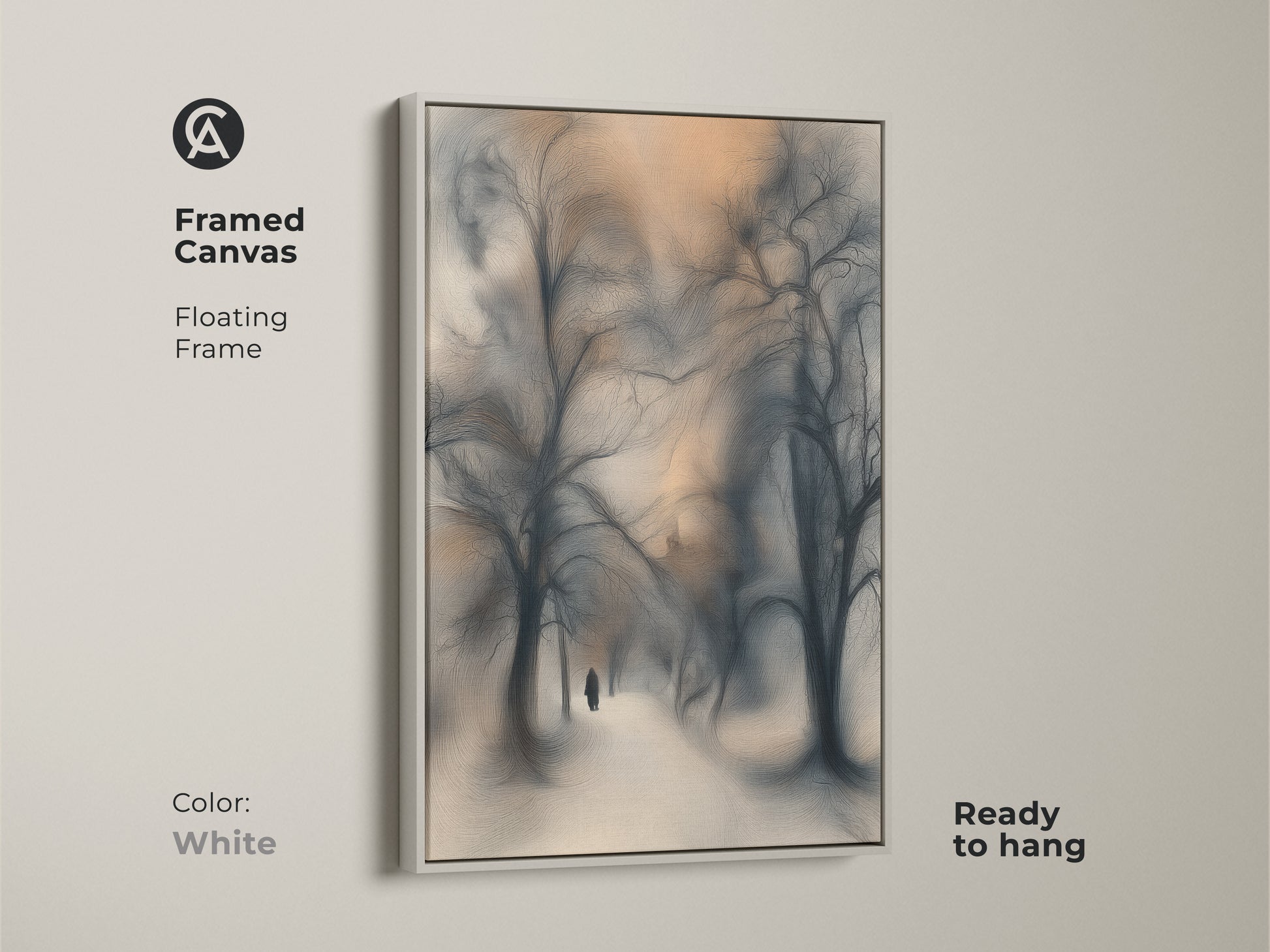 Framed in white this canvas print shows an atmospheric winter landscape. The art displays blue gray orange tones. A solitary figure walks a snowy path. This nature scene is ready to hang adding cozy art to your home.