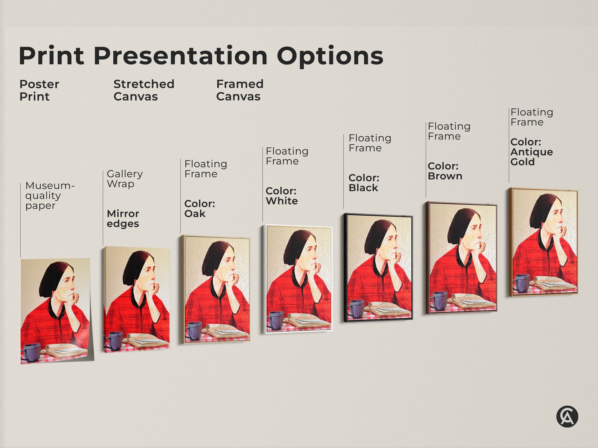Explore print presentation options with this folk art portrait. The options include poster print stretched canvas and framed canvas. Choose from museum-quality paper or gallery wrap with floating frames in black brown oak and white. See the woman reading art.