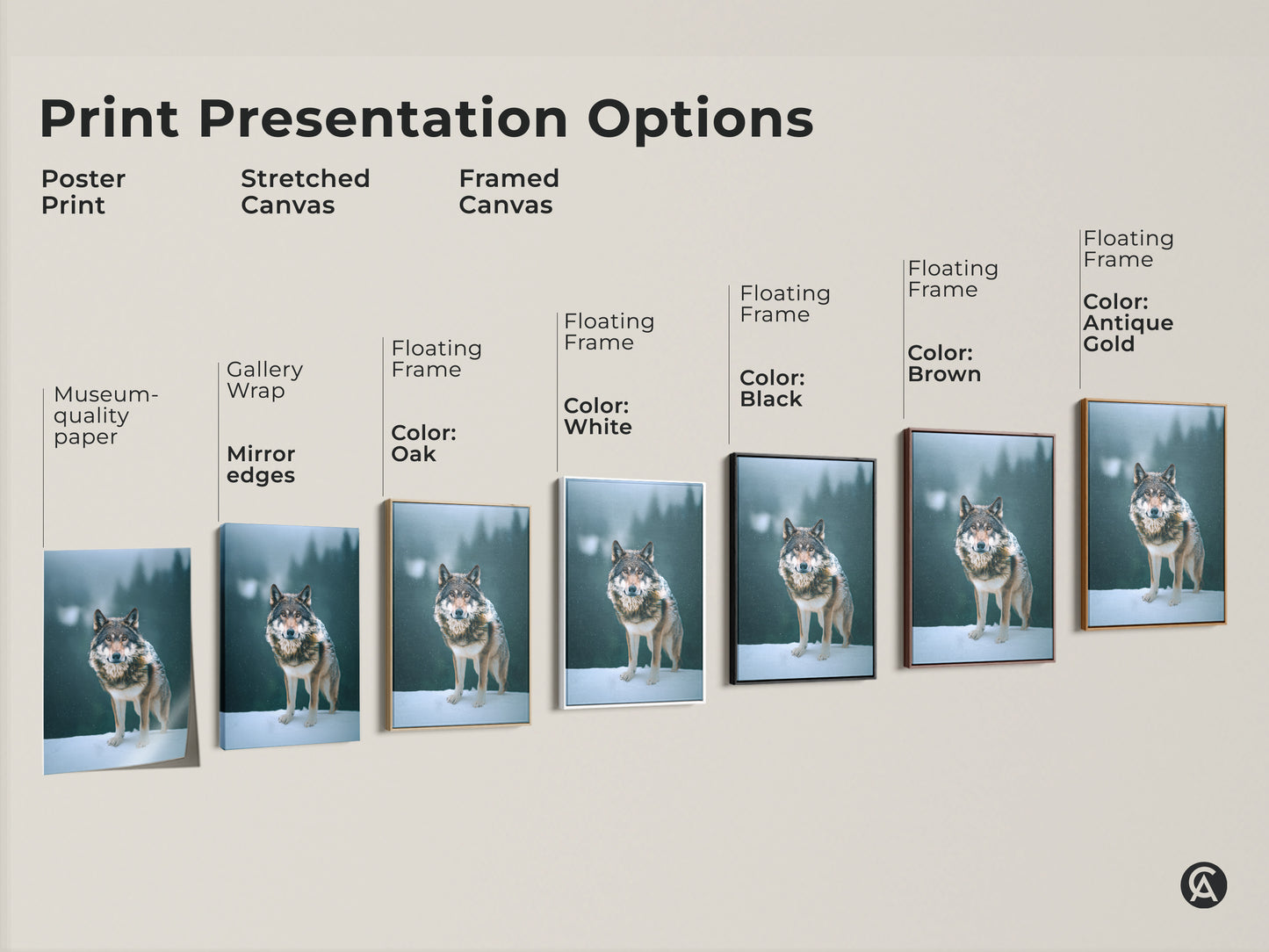 Explore print presentation options. Choose from poster print stretched canvas or framed canvas. Each features a photorealistic wolf in a snowy forest. Select the perfect style for your wildlife decor. Options include black brown oak white and antique gold frames.