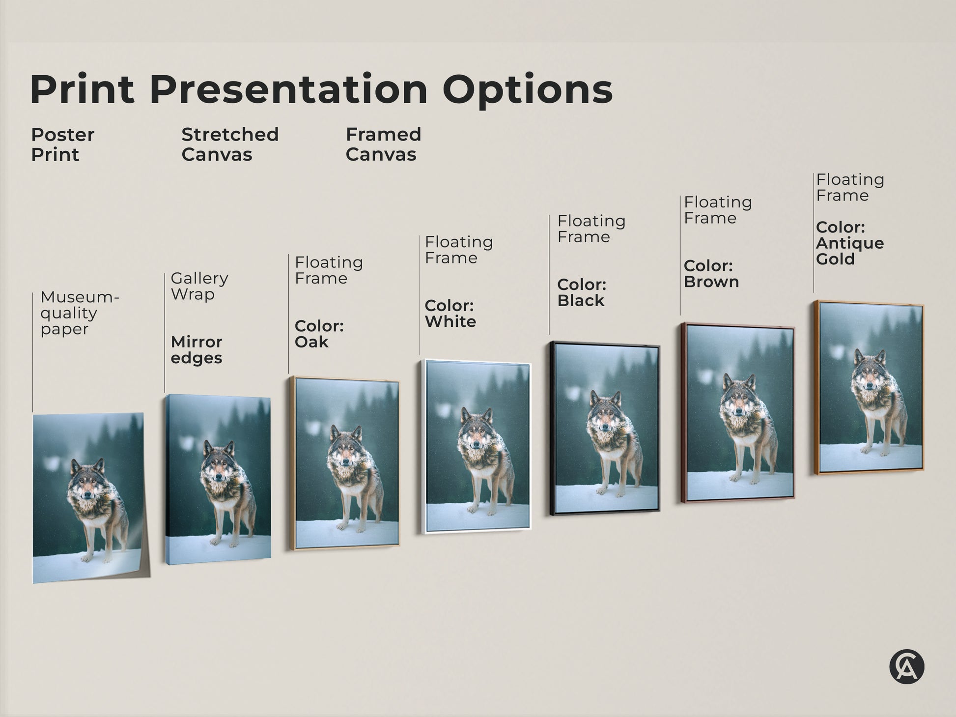 Explore print presentation options. Choose from poster print stretched canvas or framed canvas. Each features a photorealistic wolf in a snowy forest. Select the perfect style for your wildlife decor. Options include black brown oak white and antique gold frames.