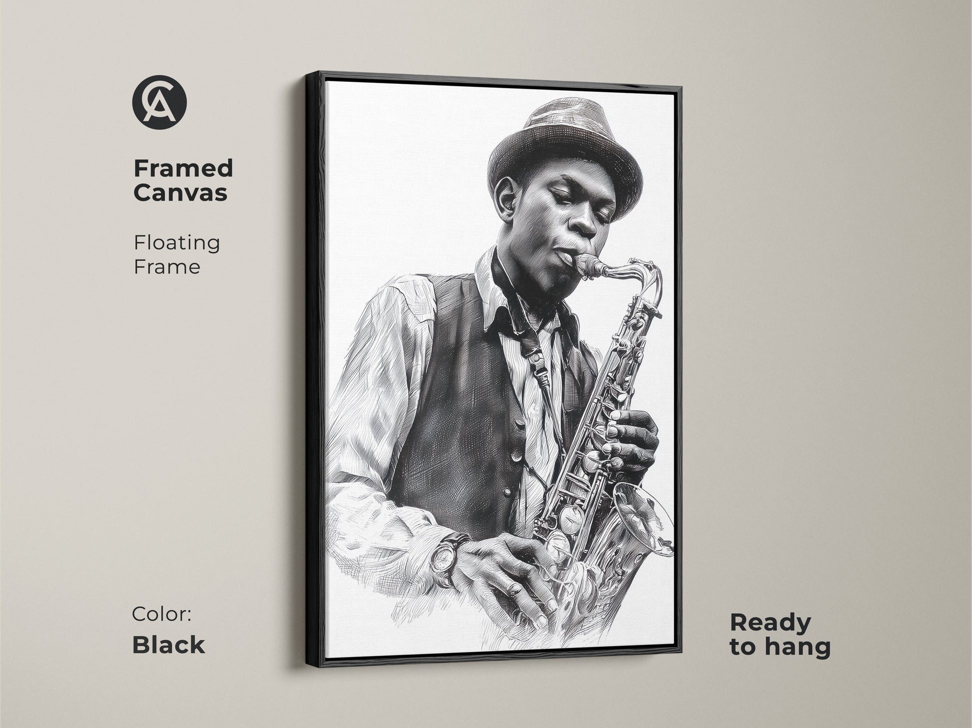 Framed canvas art featuring a saxophone player in black and white. The floating frame is black. Ready to hang this art print adds sophistication to your home. Perfect wall decor for music enthusiasts. Purchase framed artwork today.