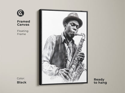Framed canvas art featuring a saxophone player in black and white. The floating frame is black. Ready to hang this art print adds sophistication to your home. Perfect wall decor for music enthusiasts. Purchase framed artwork today.