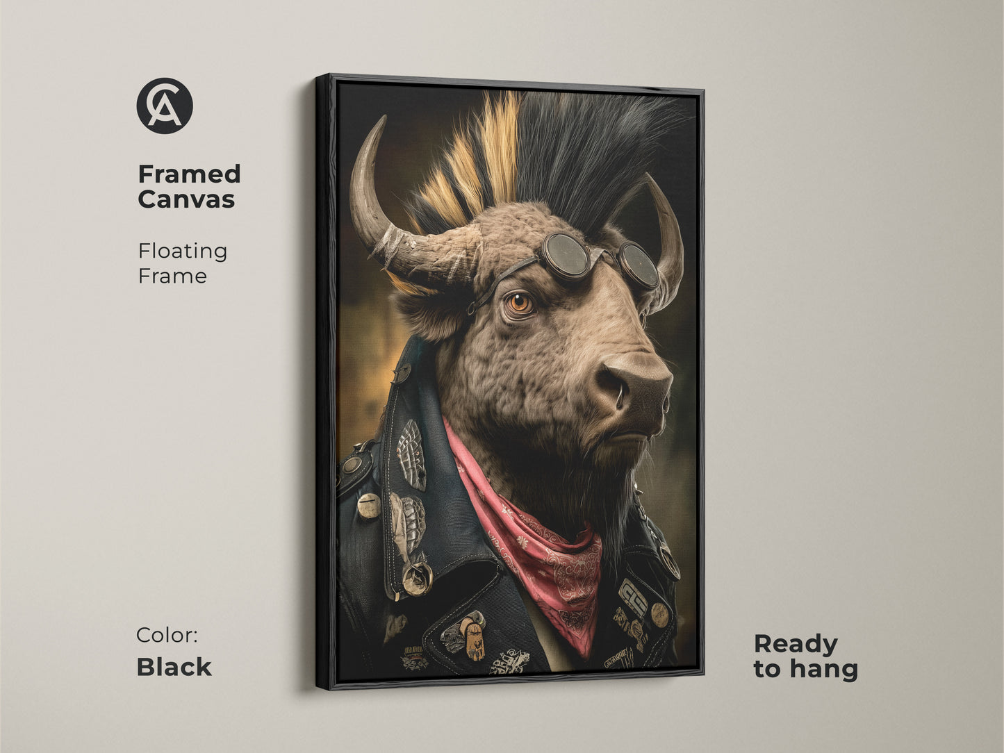 Black Framed Canvas featuring a mohawk biker buffalo. See the punk animal artwork with a floating frame. This man cave decor gift is ready to hang. It complements eclectic interiors. Ideal for rock music fans this alternative home decor adds a rebellious touch.