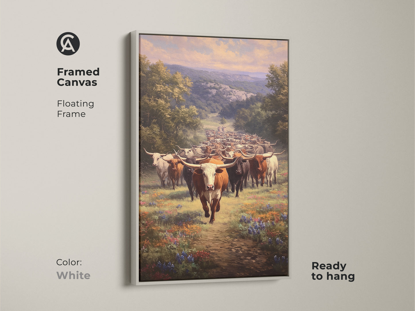 White framed canvas print of longhorn cattle. Realistic landscape artwork complements farmhouse decor. This western art piece is ready to hang. It features a floating frame. The perfect housewarming gift.