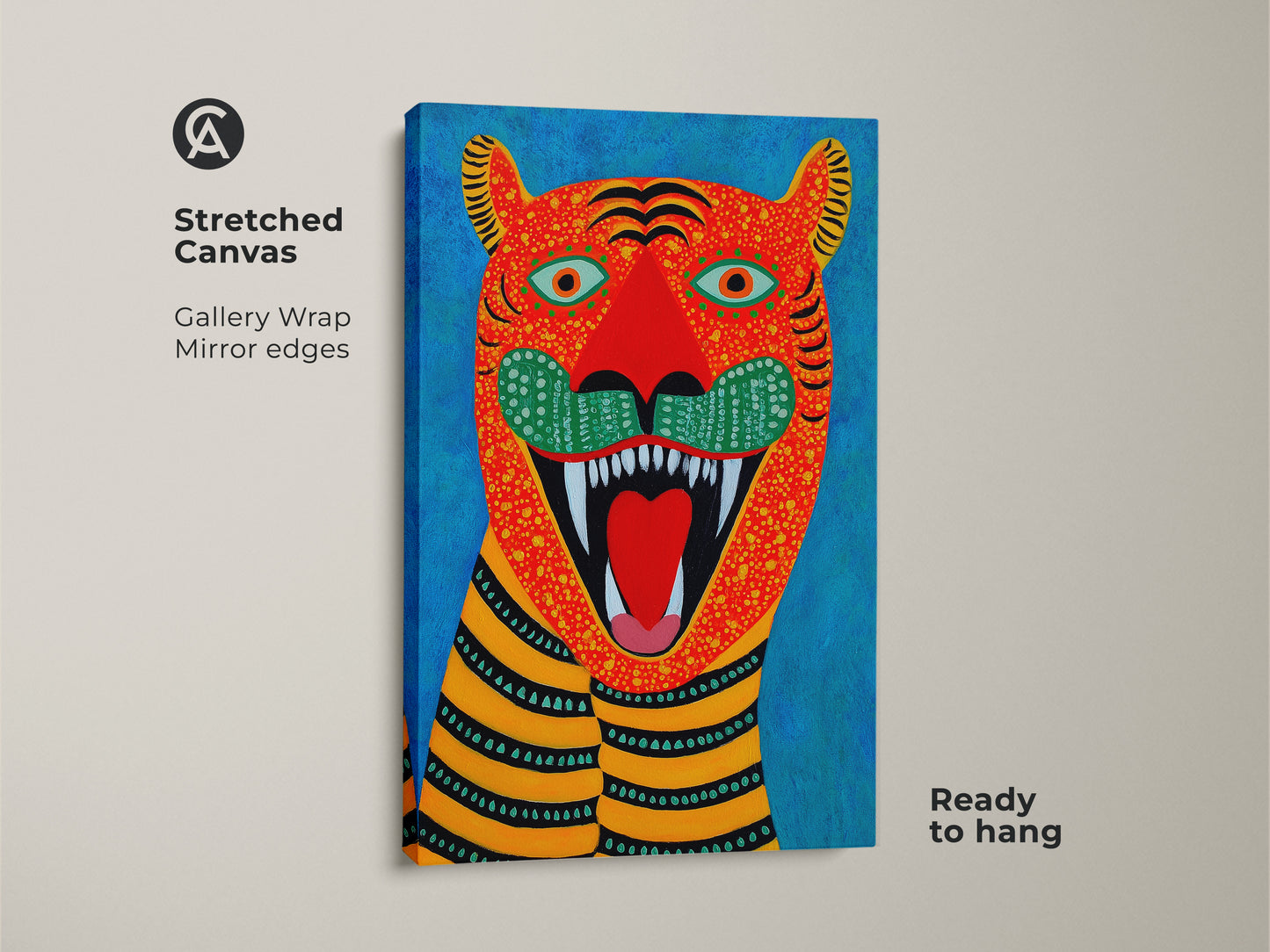 Stretched canvas featuring a folk art tiger artwork. The gallery wrap has mirror edges and it's ready to hang. This naive art animal print adds to eclectic home decor. It makes a bold statement.