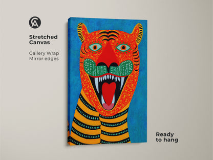 Stretched canvas featuring a folk art tiger artwork. The gallery wrap has mirror edges and it's ready to hang. This naive art animal print adds to eclectic home decor. It makes a bold statement.