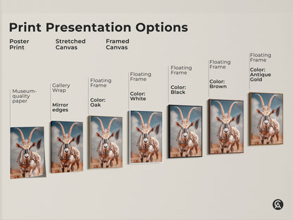 Explore print presentation options for desert oryx artwork. Choose from poster stretched or framed canvas. Floating frame options include black brown antique gold and white. Find perfect style for eclectic home. Discover museum-quality paper mirror edges and ready to hang options.
