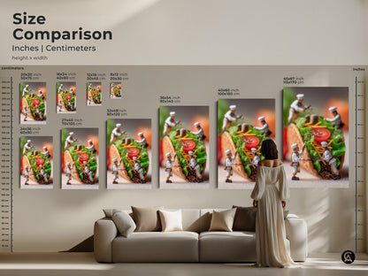 Size comparison of culinary art prints. See how the miniature chefs preparing a taco artwork looks in various dimensions. Perfect for planning your art purchase. Choose from multiple sizes and formats to fit your decor.
