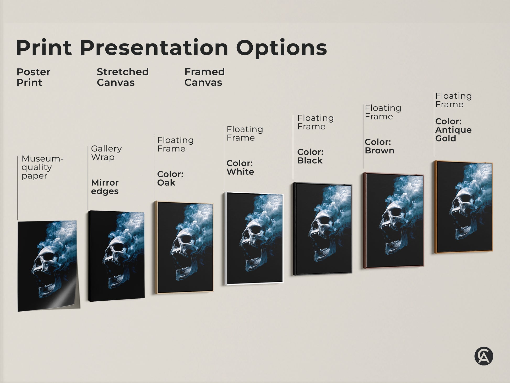 Explore print presentation options for skull artwork. Choose from poster prints stretched canvas and framed canvas. Options include gallery wrap floating frames and various frame colors. Find the perfect style to showcase this artwork.